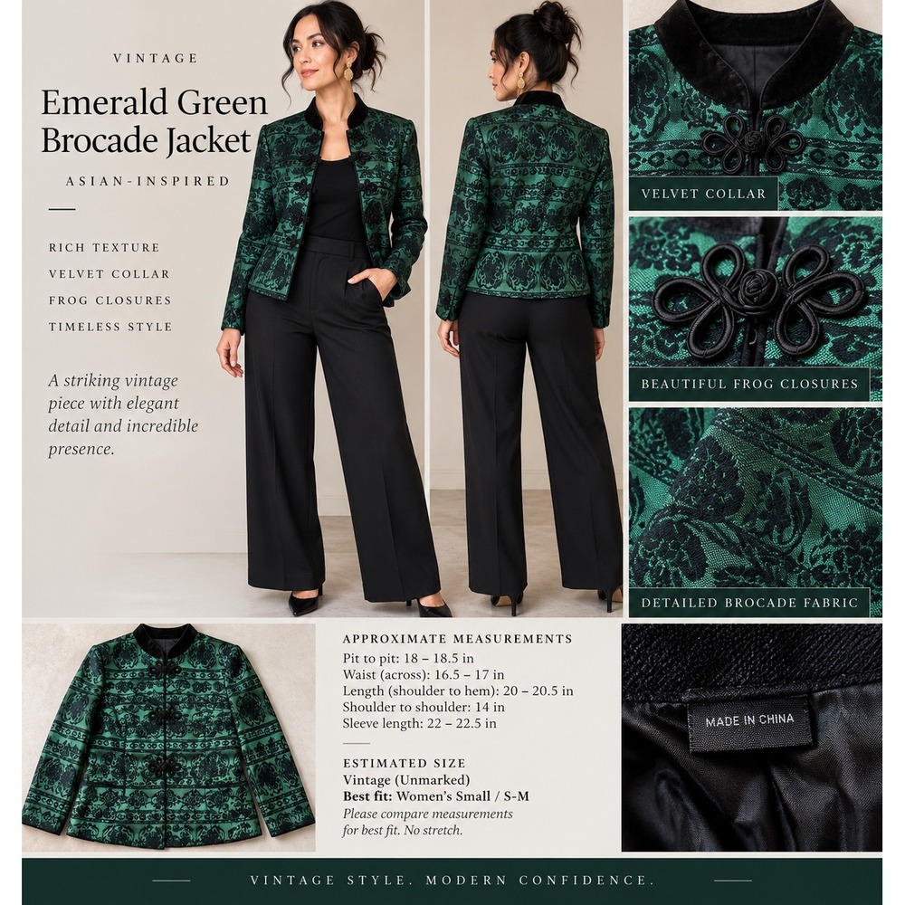 Vintage Emerald Green Brocade Asian Inspired Jacket Velvet Mandarin Collar Small